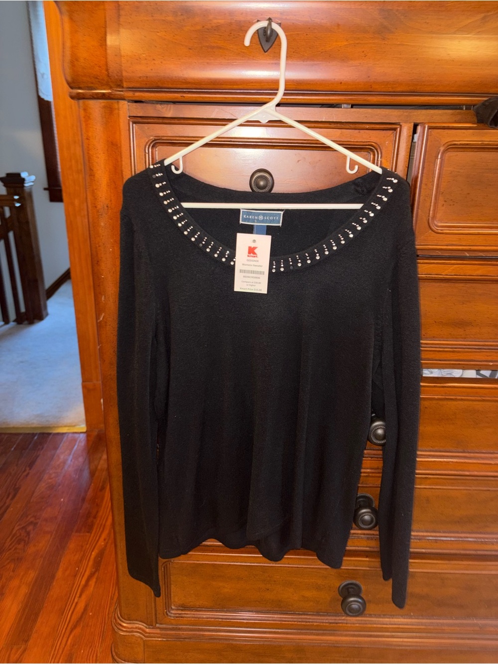 Karen Scott Black Rhinestone Embellished Scoop Neck Sweater L NWT